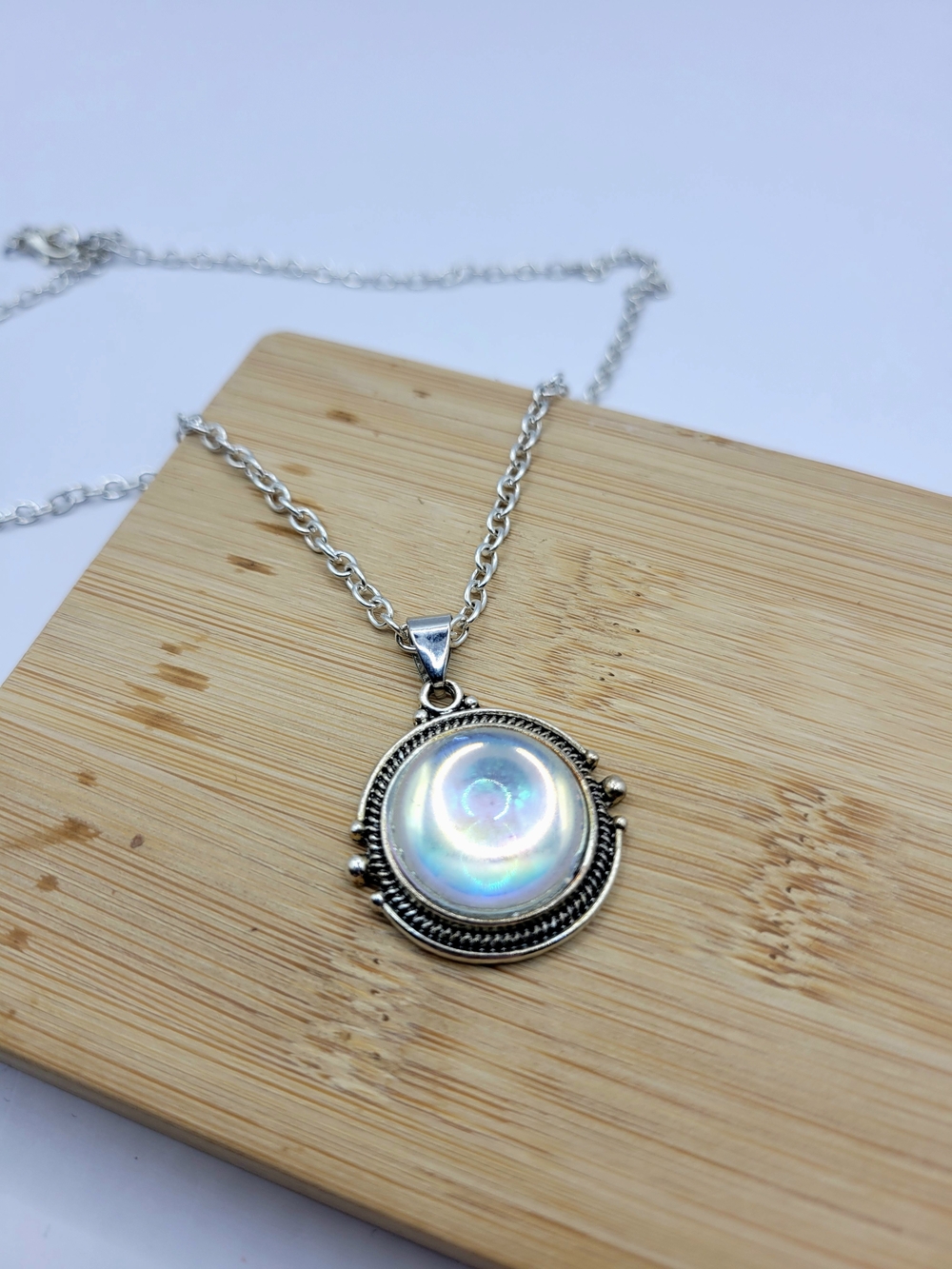 Iridescent Opal-Effect Silver Pendant Necklace